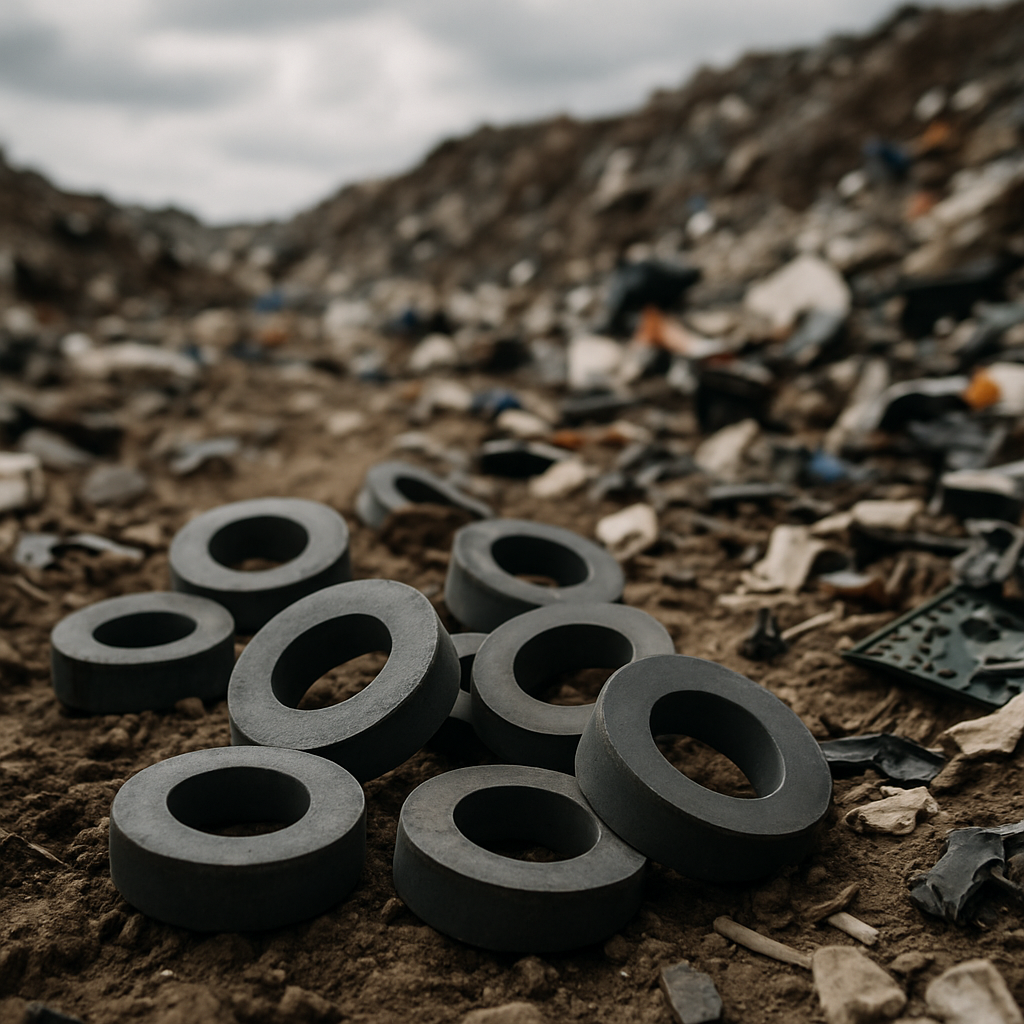 discarded ferrite magnets scattered in a landfill, surrounded by soil and electronic waste under a cloudy sky