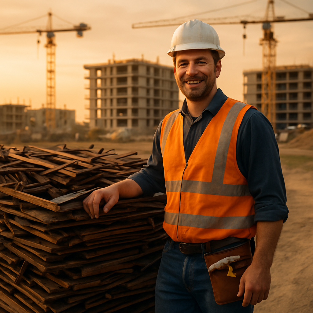 Foreman smiling next to neatly stacked scrap metal ready for pickup with a construction site in the background during sunset.