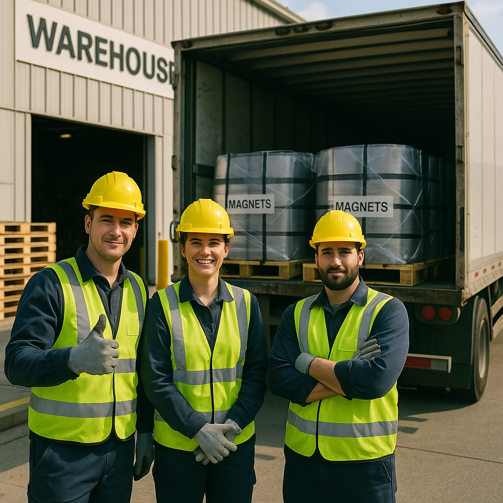 Freight truck loaded with large magnets, with workers giving thumbs up outside a warehouse in a safe and organized scene.