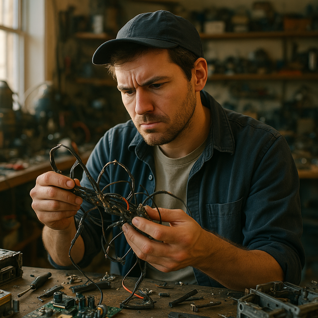 Frustrated Technician in Workshop A frustrated technician examining tangled, damaged wires and hard-to-remove parts in a cluttered electronics workshop.