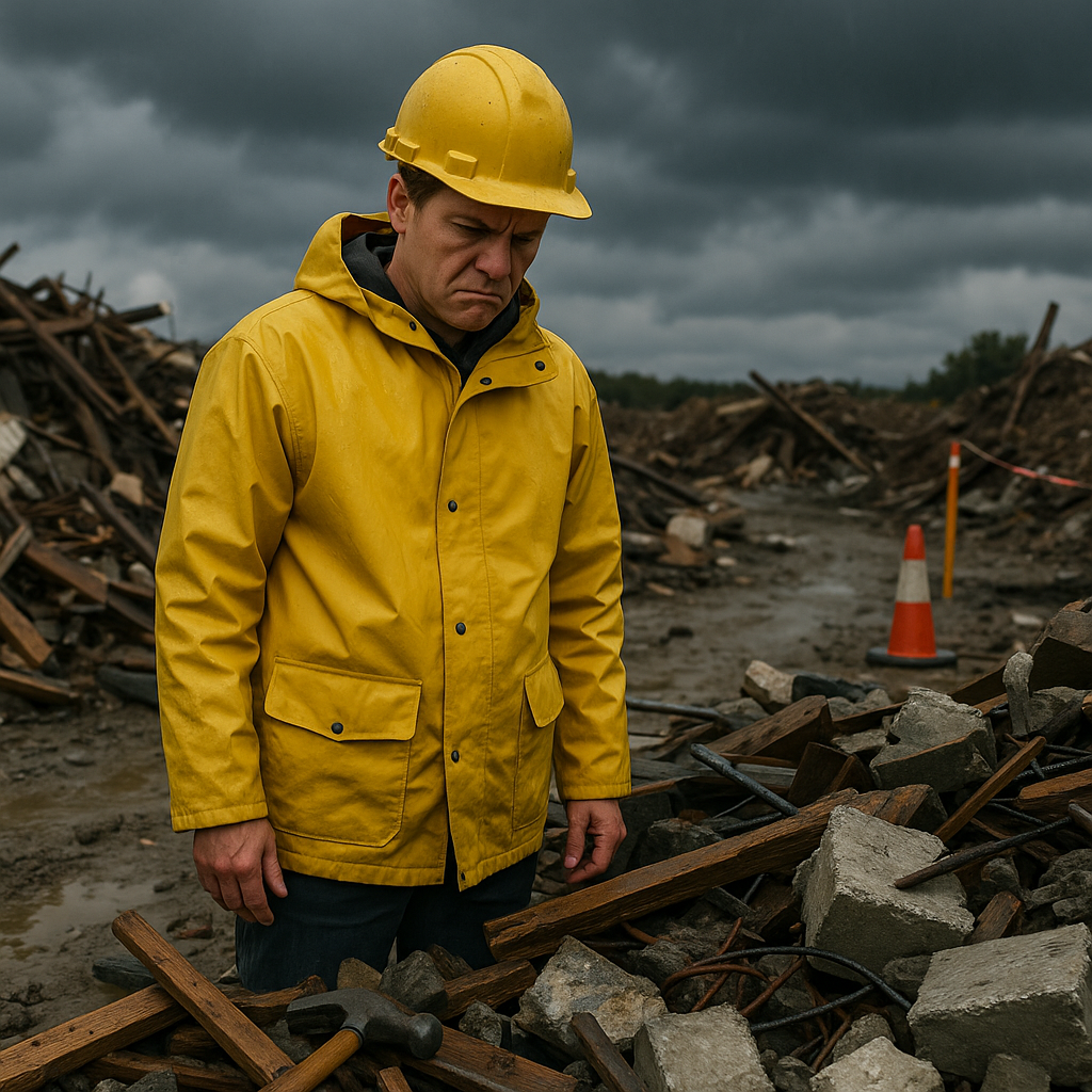 Worker looking frustrated at mixed piles of wood, metal, and concrete on a muddy construction site with rain clouds overhead.