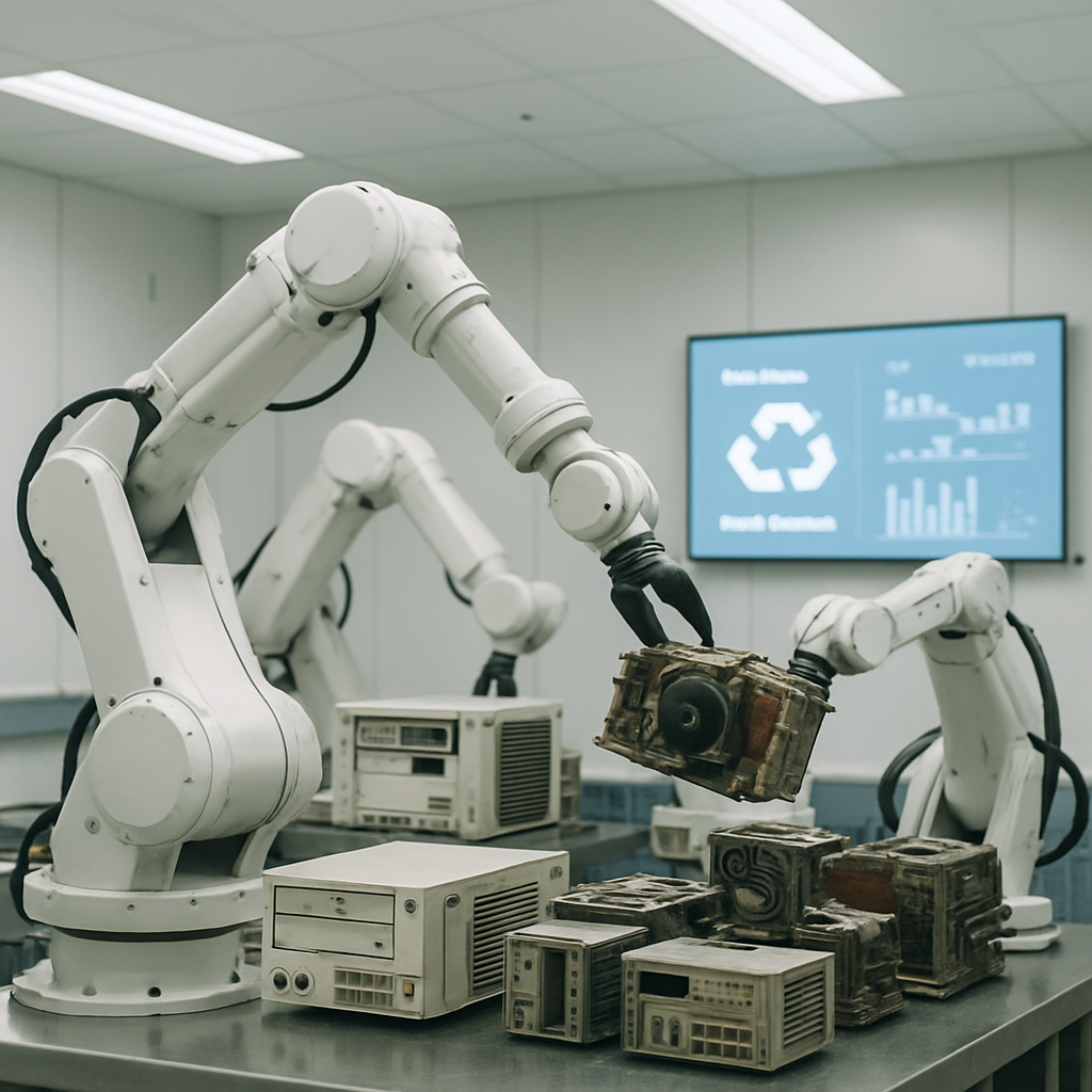 Futuristic Cleanroom with Robotics and Recycling Data Futuristic cleanroom with robotic arms sorting old semiconductor machines in a spotless environment, featuring screens displaying recycling data.
