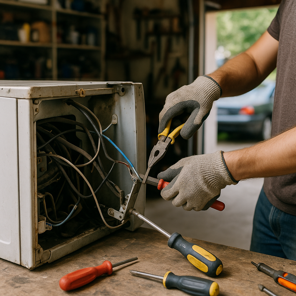 Appliance Repair in Garage A person wearing work gloves using basic tools to remove wires and separate metal parts from a large appliance in a garage.