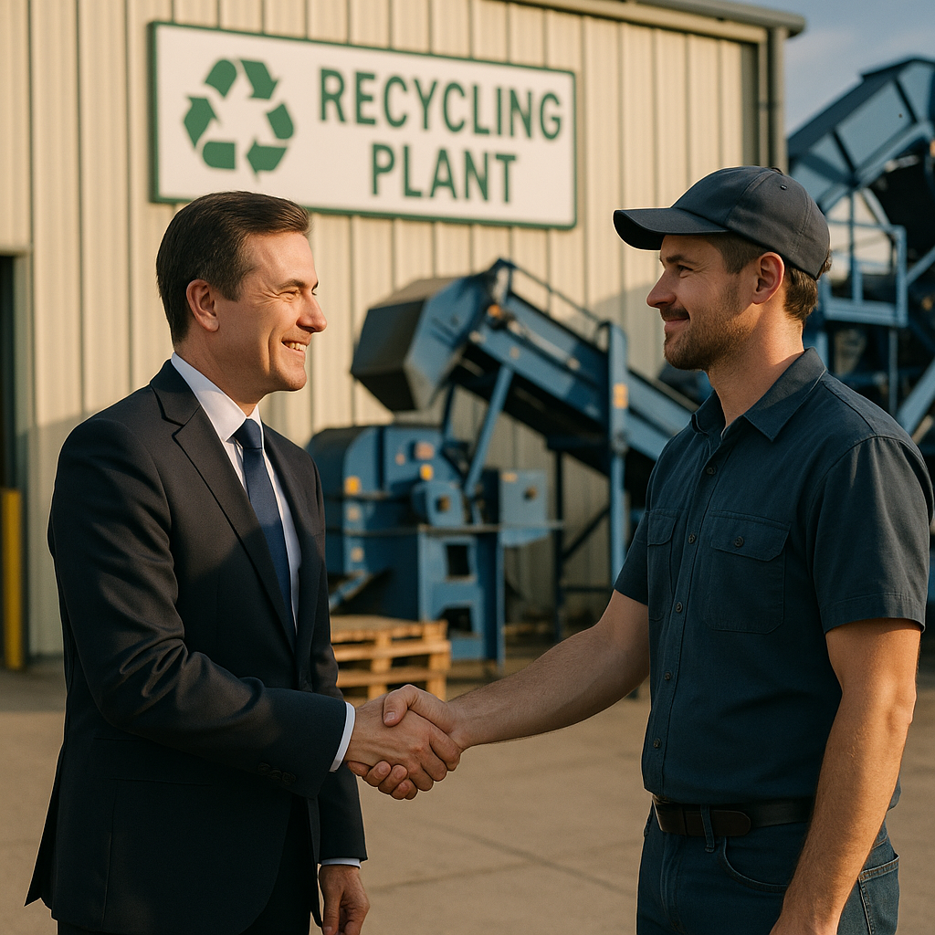 Collaboration for a Sustainable Future A government official and an engineer shaking hands in front of a recycling plant, with policy documents and innovative recycling machines visible, conveying an optimistic atmosphere.