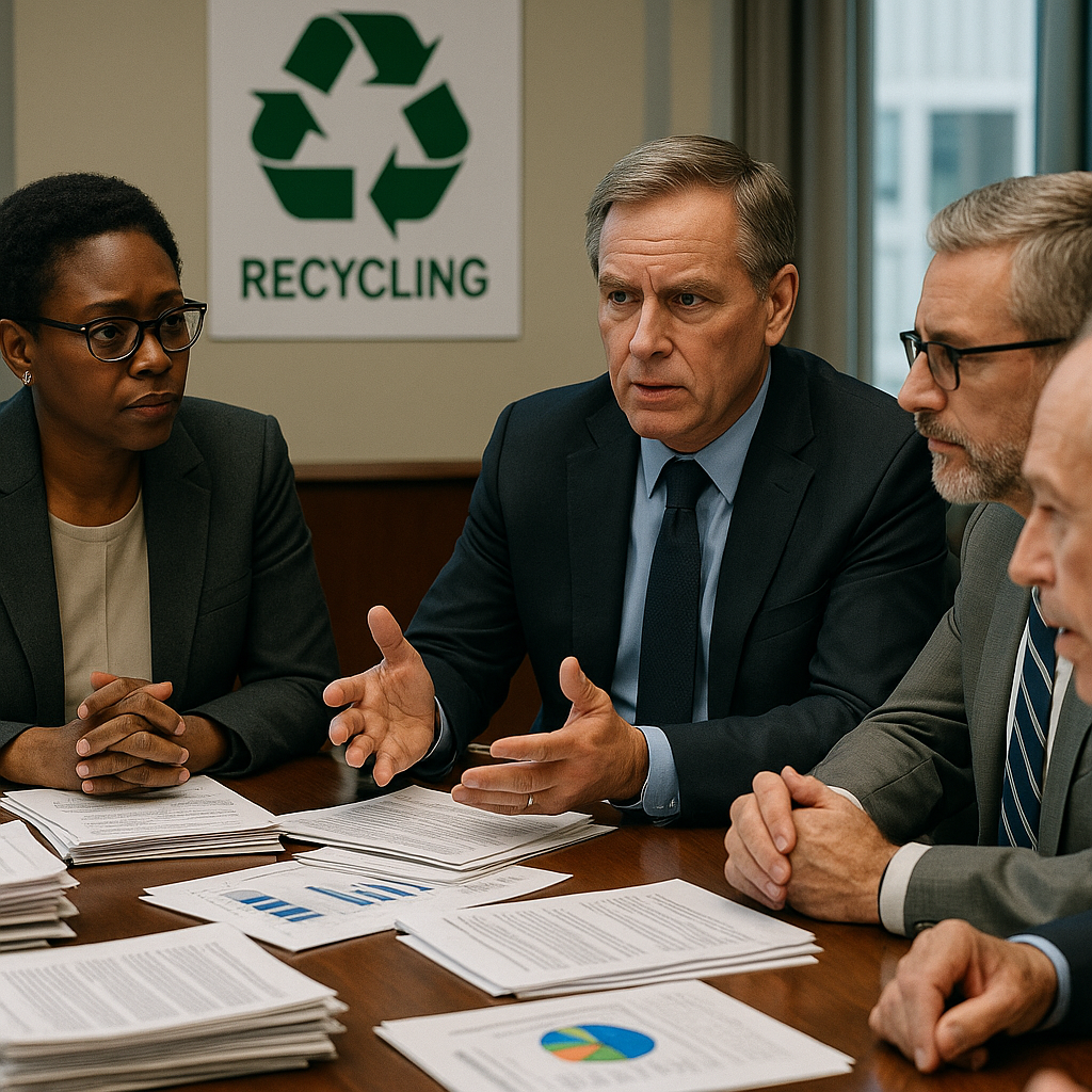 Recycling Policy Conference Government officials and industry leaders discussing recycling policies around a conference table with documents and charts present.
