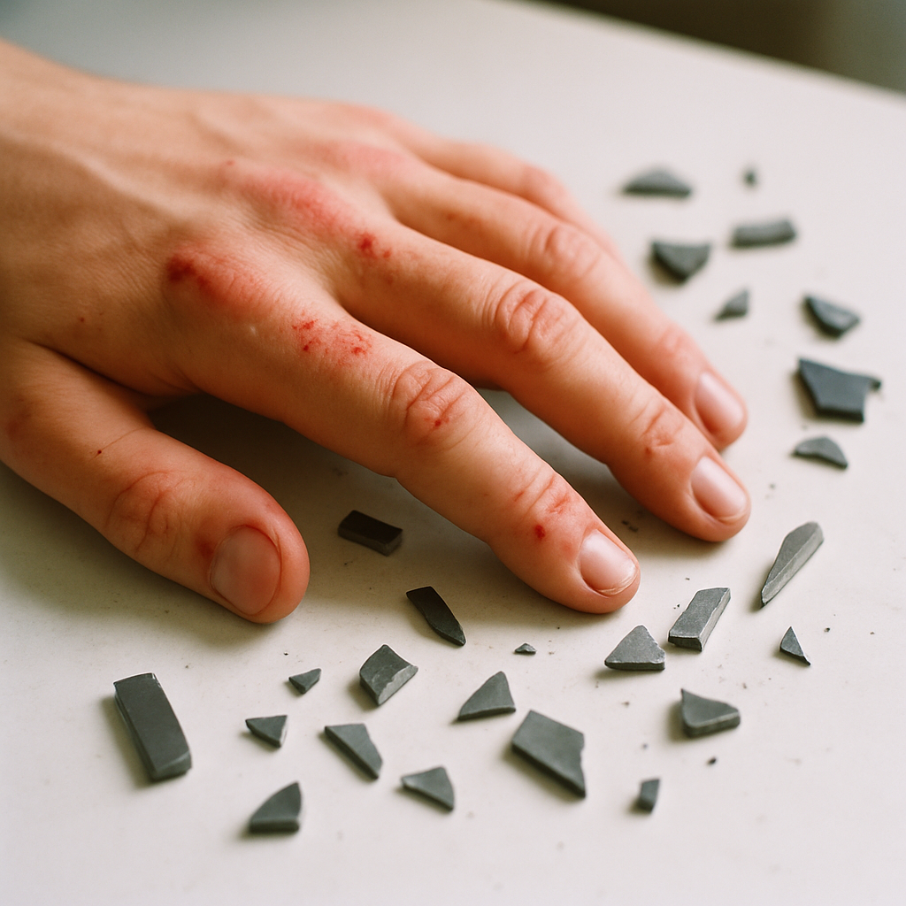 Close-Up of Injuries from Shattered Magnet Close-up of a hand with small cuts and bruises next to shattered magnet pieces on a white tabletop, showcasing minor injuries and sharp metal edges.