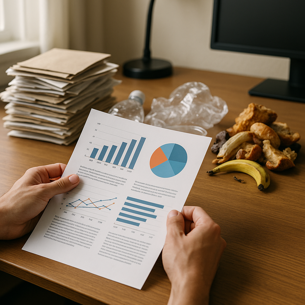 Waste Analysis Report with Charts and Graphs Close-up of hands holding a report with charts and graphs next to separated piles of paper, plastic, and food waste.