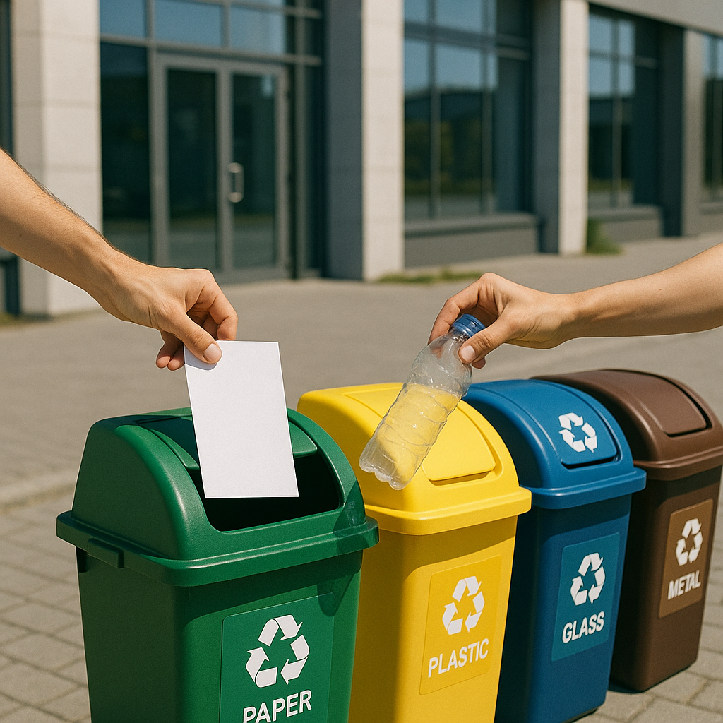Recycling Efforts at Commercial Building Hands placing recyclables into color-coded bins outside a commercial building on a clear sunny day.
