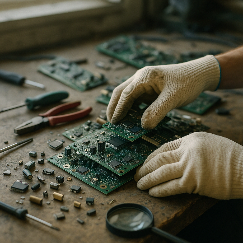 Sorting Electronic Circuit Boards Close-up of hands sorting electronic circuit boards and extracting components like capacitors and chips.