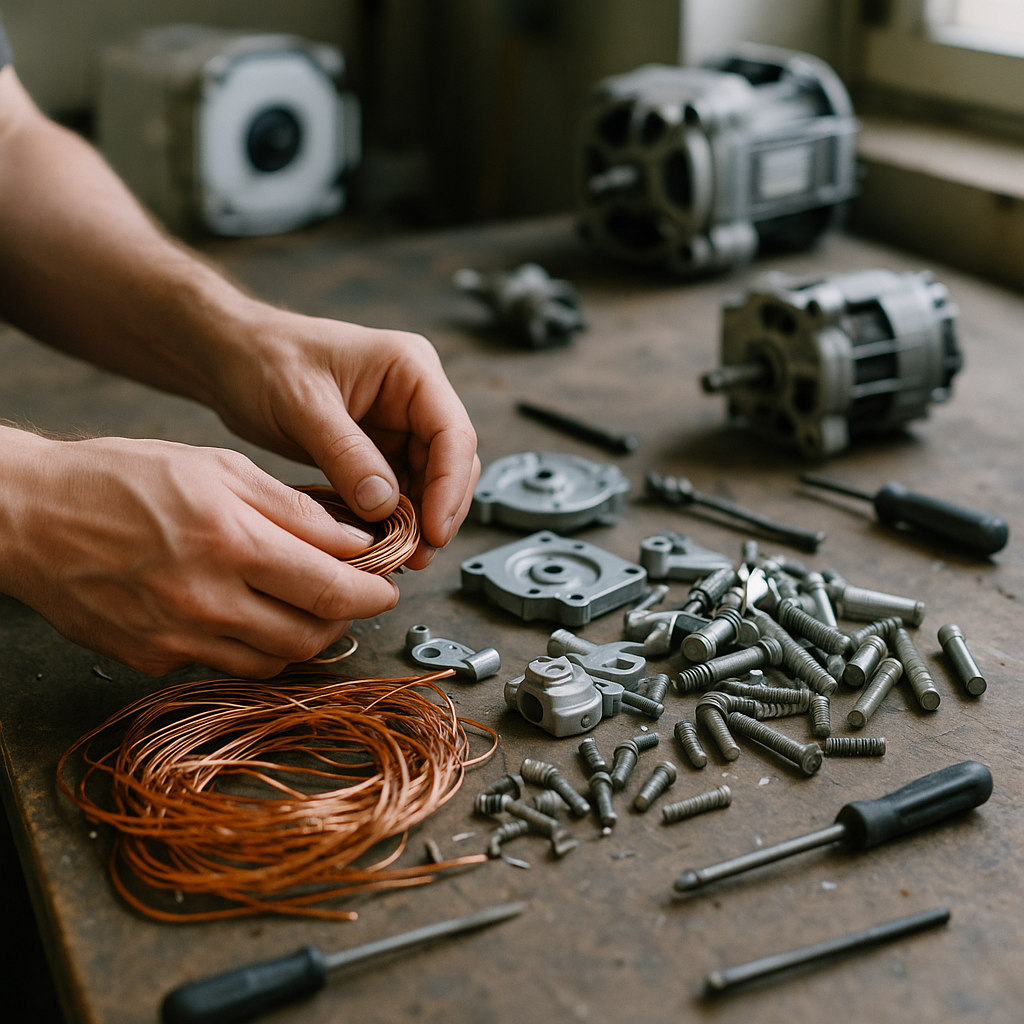 Close-up of hands sorting shiny copper wires, aluminum parts, and steel pieces on a workshop table, with appliance components in background.