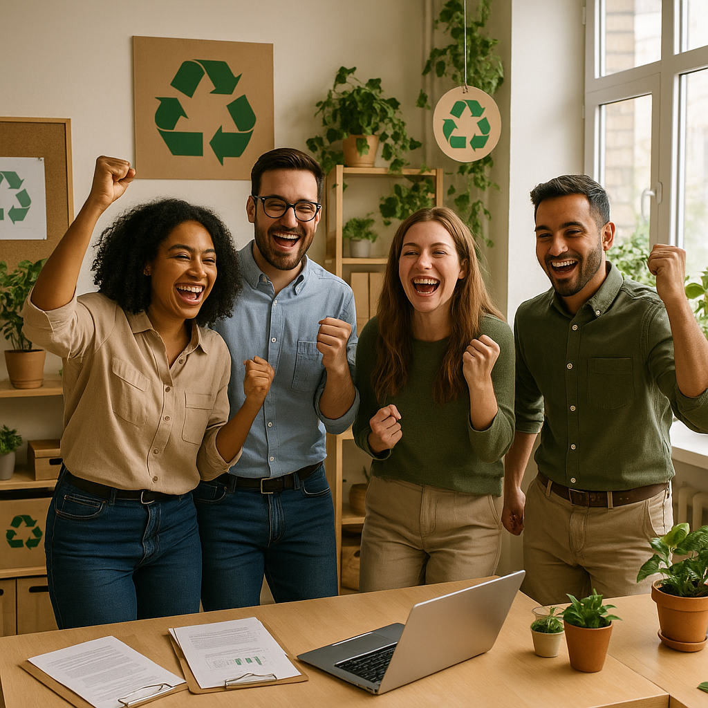 Celebrating Team in Sustainable Office Happy team celebrating in a sustainable office with recycling symbols and greenery.