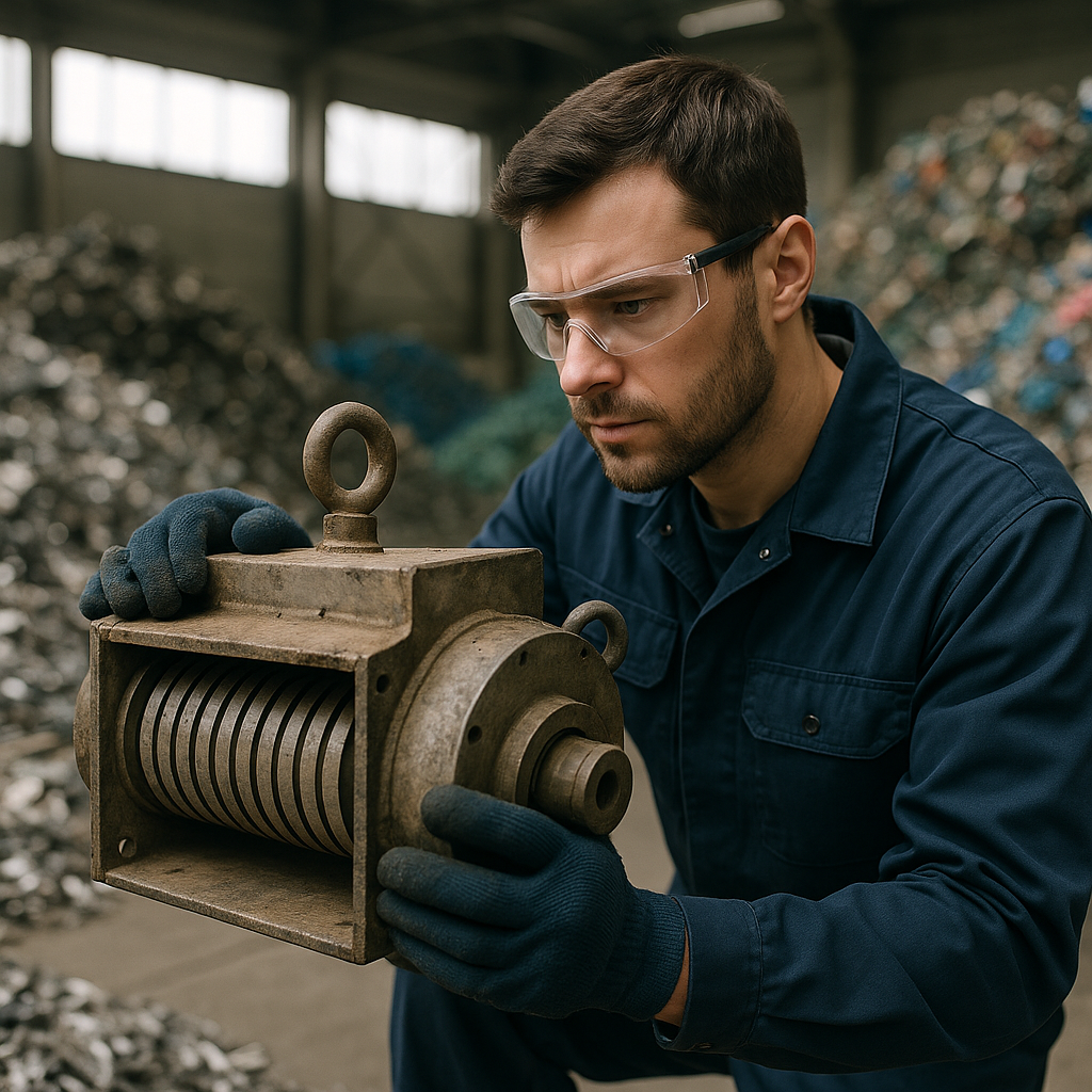 Technician Examining Magnetic Separator in Recycling Facility Technician examining a used industrial magnetic separator in a recycling facility, surrounded by sorted metal and plastic materials.