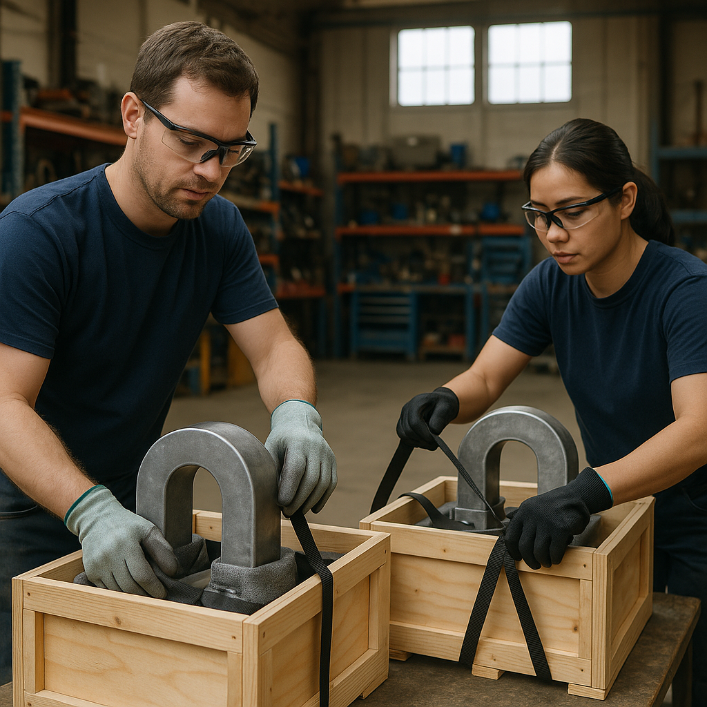 Technicians placing large industrial magnets into custom wooden crates inside a warehouse.