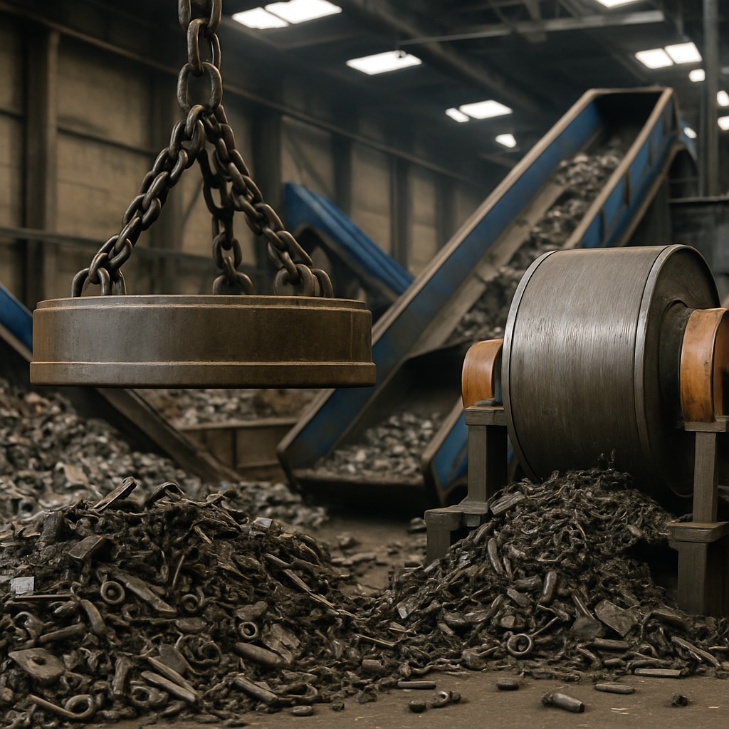 Industrial Magnets in Recycling Facility Close-up of various industrial magnets, including large overhead magnets and cylindrical drum magnets, surrounded by metal scraps in a recycling facility.