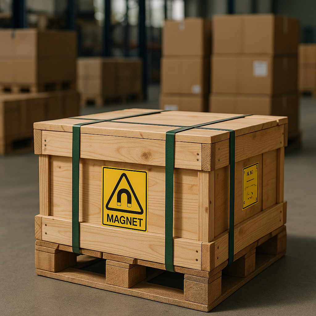 Crated industrial magnets secured with straps on a pallet in a well-organized storage area, featuring clear safety labels.