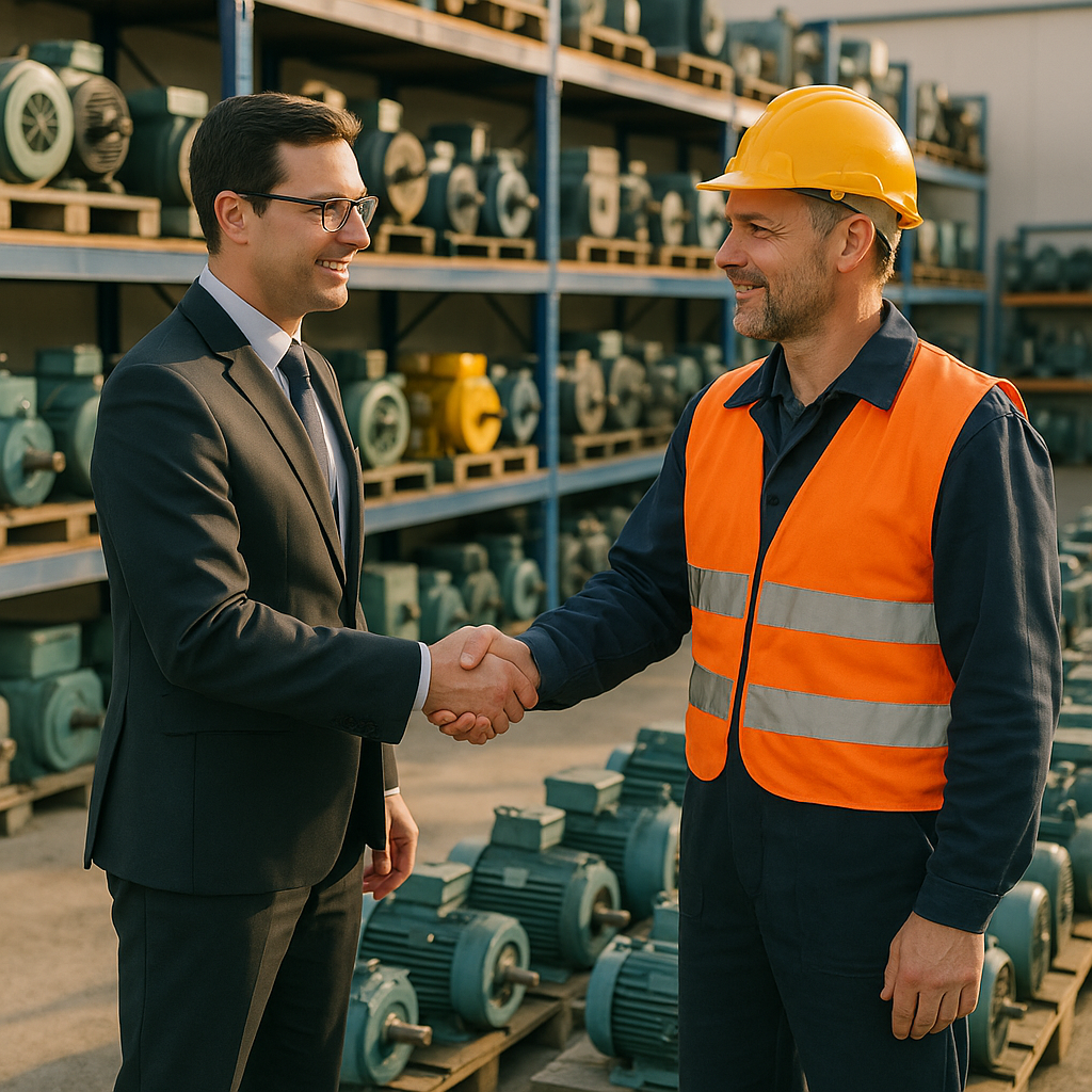 Industrial Collaboration in Equipment Recovery Industrial manager shaking hands with a recovery specialist in front of an organized warehouse filled with recovered equipment.