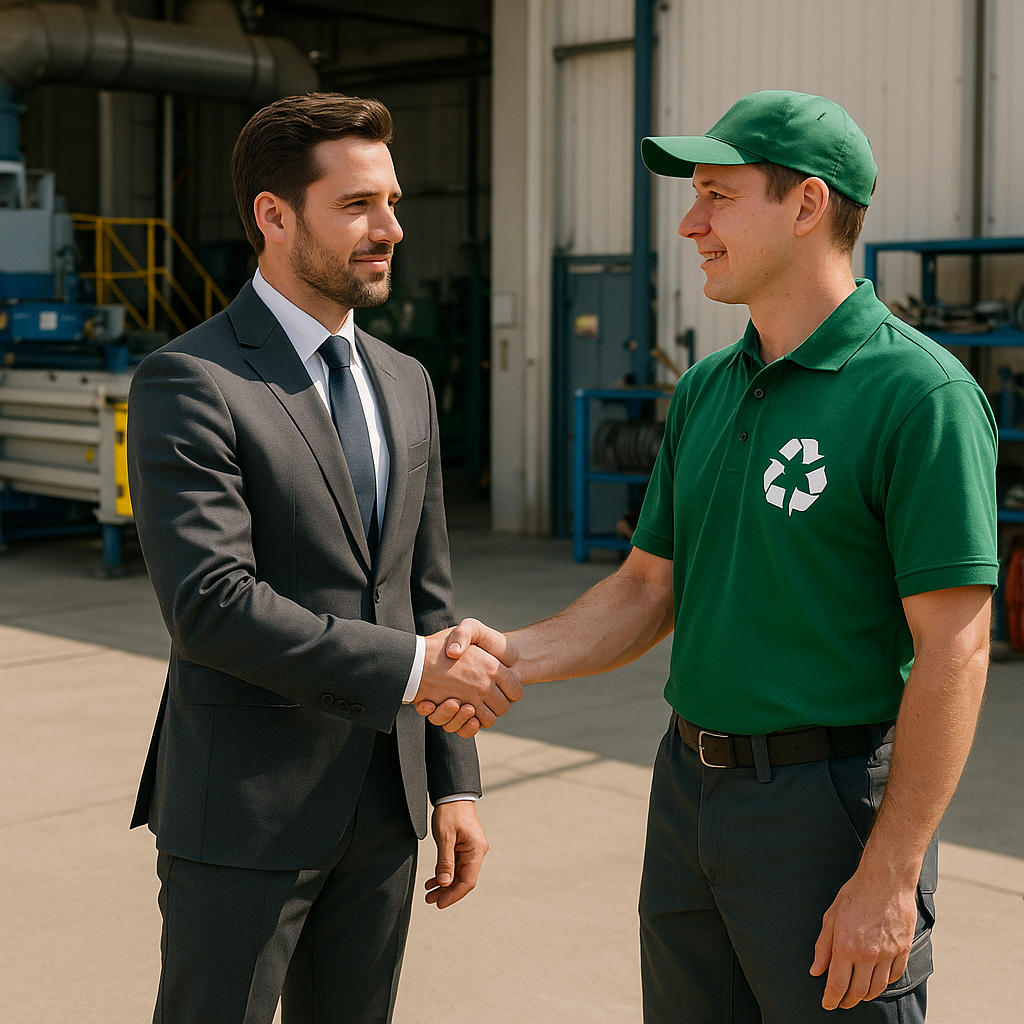 Collaboration between Industrial Management and Recycling Specialist Industrial manager shaking hands with recycling specialist in a cleared machinery space, showcasing a clean and organized environment.