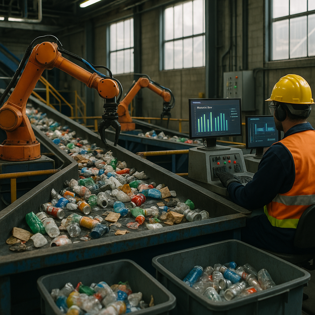 AI-Powered Recycling Facility Industrial recycling facility with conveyor belts and robotic arms sorting recyclable materials, monitored by workers.