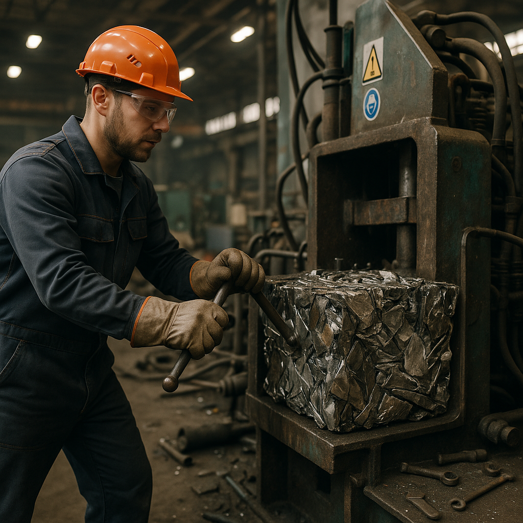 Industrial worker operating a large scrap metal baler machine, compressing crushed metal pieces in a factory setting