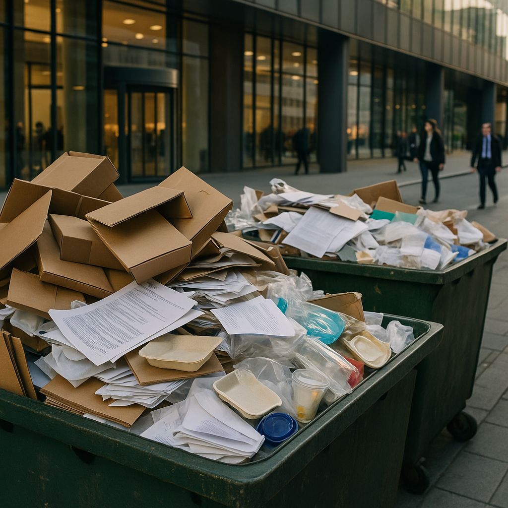 Recycling Bins Outside Office Building Large industrial bins filled with cardboard boxes, office papers, plastic packaging, and food containers outside a busy office building.