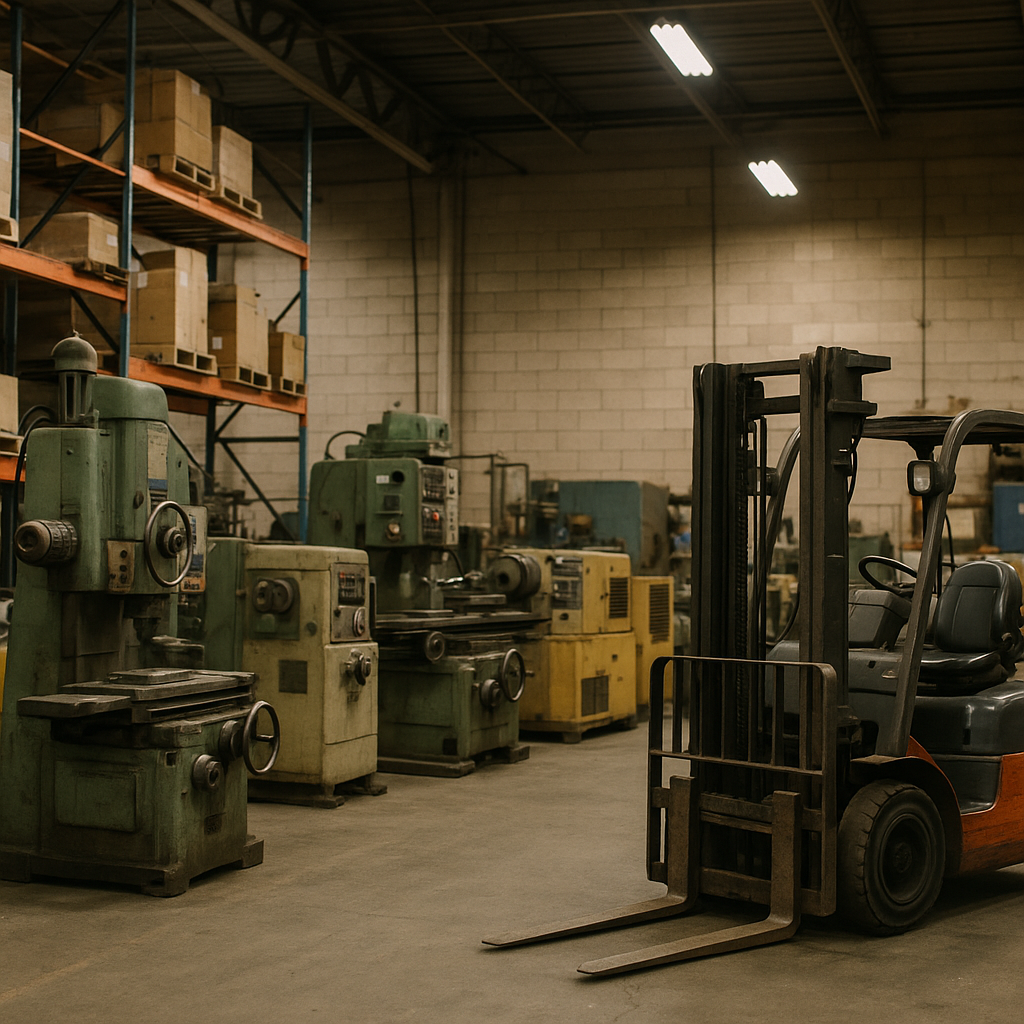 Industrial Equipment in Warehouse A variety of industrial equipment including factory machines, forklifts, metal storage racks, and large generators arranged in a warehouse with realistic lighting.