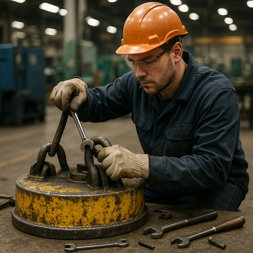 Technician Repairing Industrial Magnet Technician in protective gear repairing a large industrial magnet on a factory floor with focused expression.