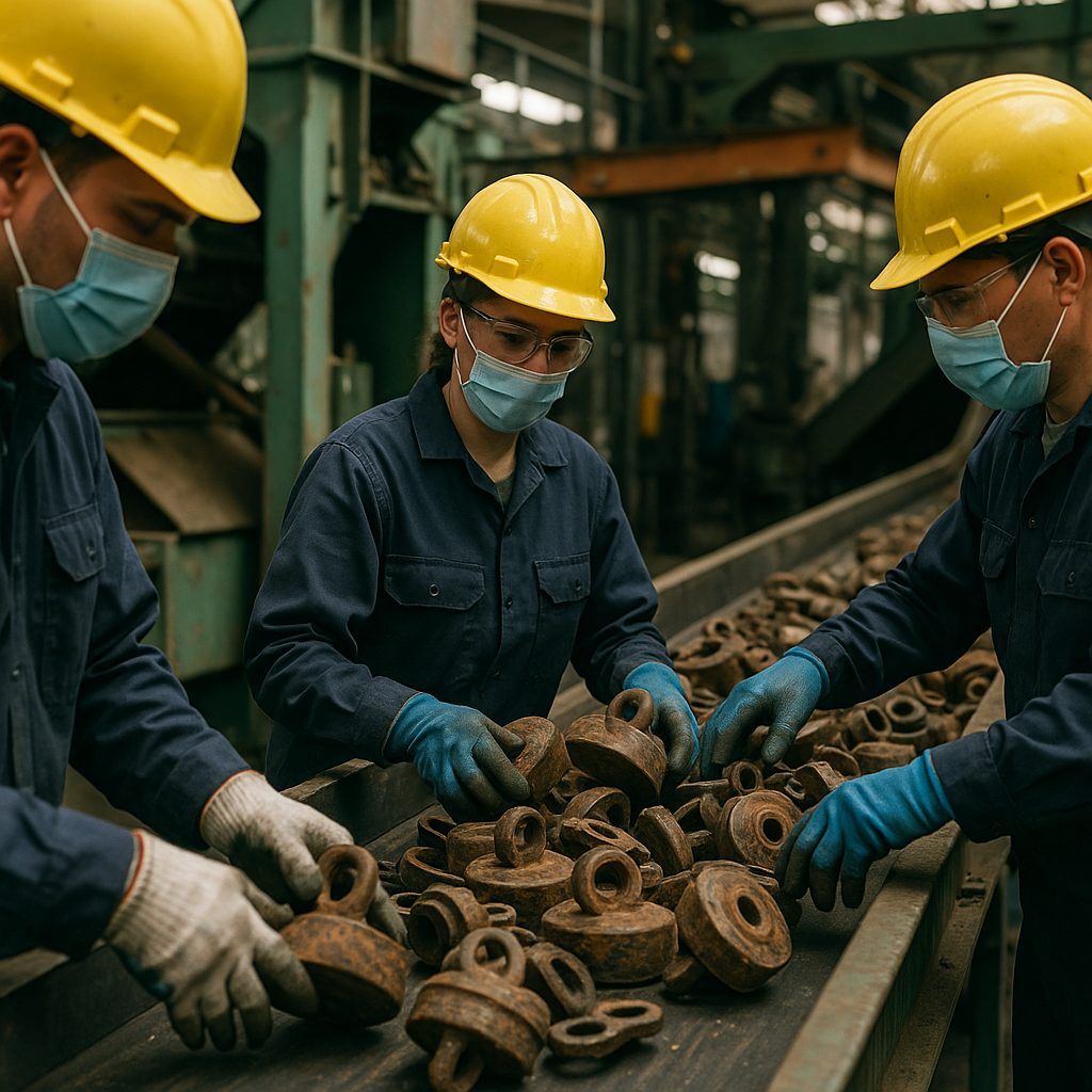 Sorting Industrial Magnets at Recycling Facility Workers sorting and processing old industrial magnets at a recycling facility with conveyor belts and machinery in the background.