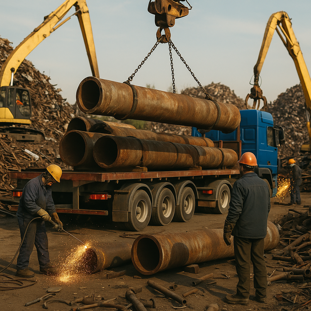 Workers using cranes to lift old metal pipeline sections onto a truck at an industrial recycling yard, with sparks flying from cutting torches and piles of scrap metal visible.