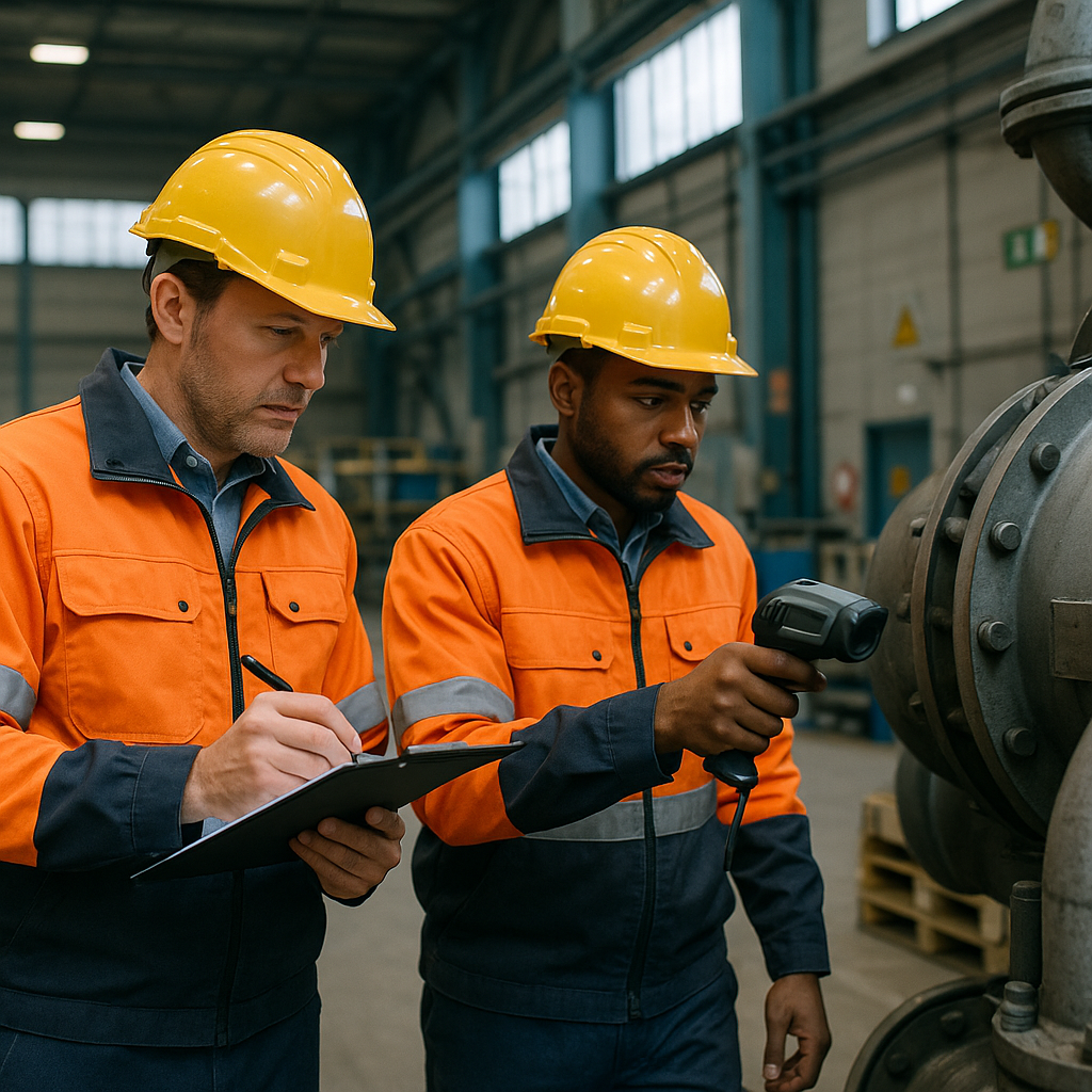 Inspection of Large Machinery by Safety Personnel Workers in safety gear inspecting and cataloging large machinery in an industrial facility, clipboard and scanner in hand.