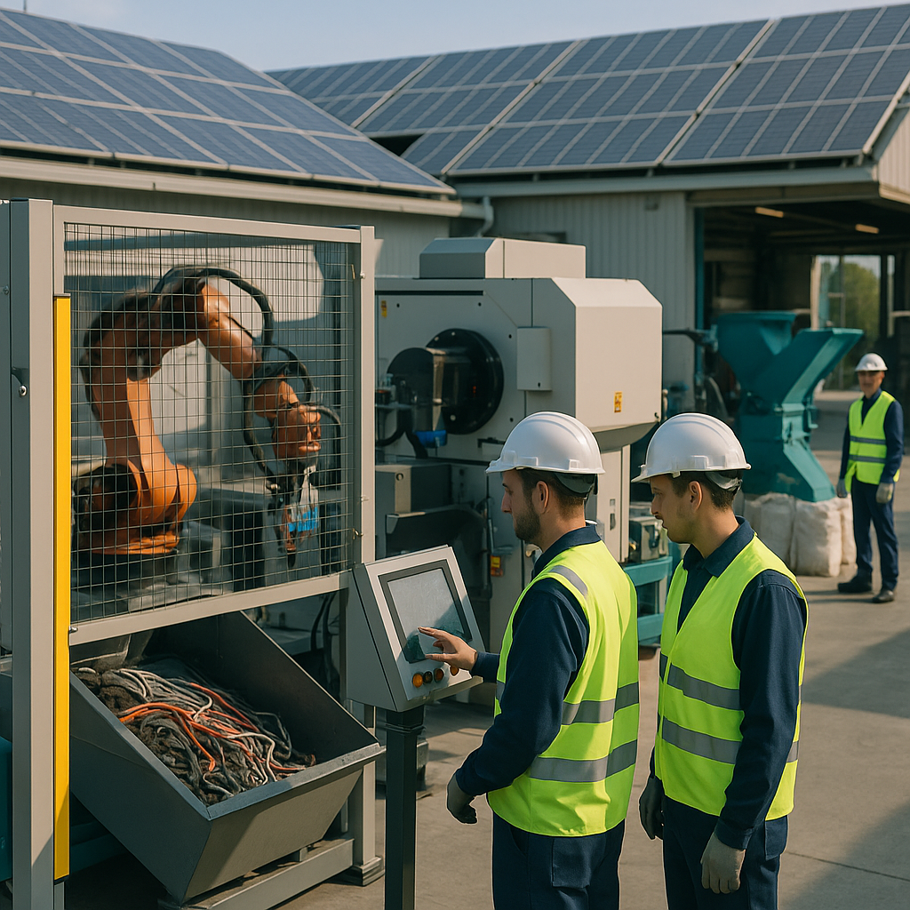Innovative Recycling Facility with Solar Panels Workers in an innovative recycling facility with clean equipment and solar panels overseeing automated machinery processing high-voltage cables.