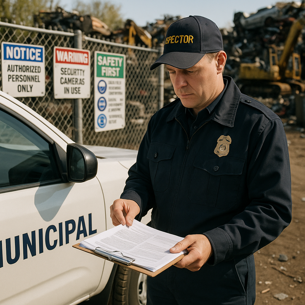 Inspector in official uniform checking documents beside a municipal vehicle in a regulated scrapyard, with signs displaying compliance and safety standards.