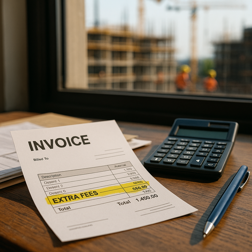 Close-up of an invoice with extra fees highlighted, calculator and pen nearby, construction site visible through window.