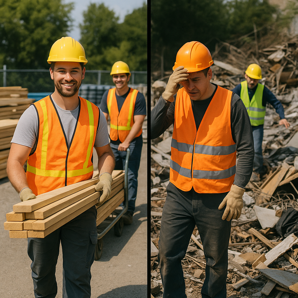 Contrast in Job Site Efficiency A split-scene image showing a clean, organized job site with happy workers on one side and a cluttered, debris-filled site with frustrated workers on the other, illustrating the contrast in efficiency.