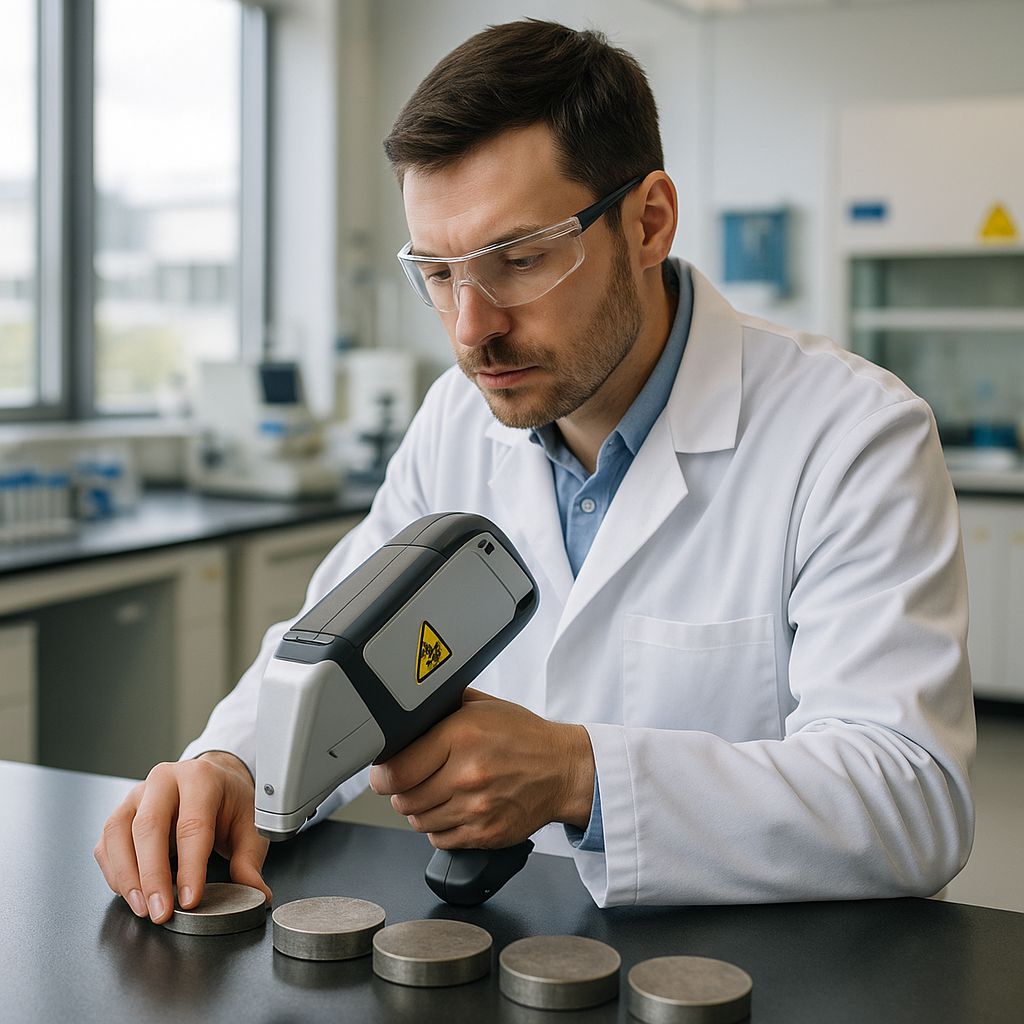 Lab technician operating XRF analyzer on metal samples in a modern laboratory.