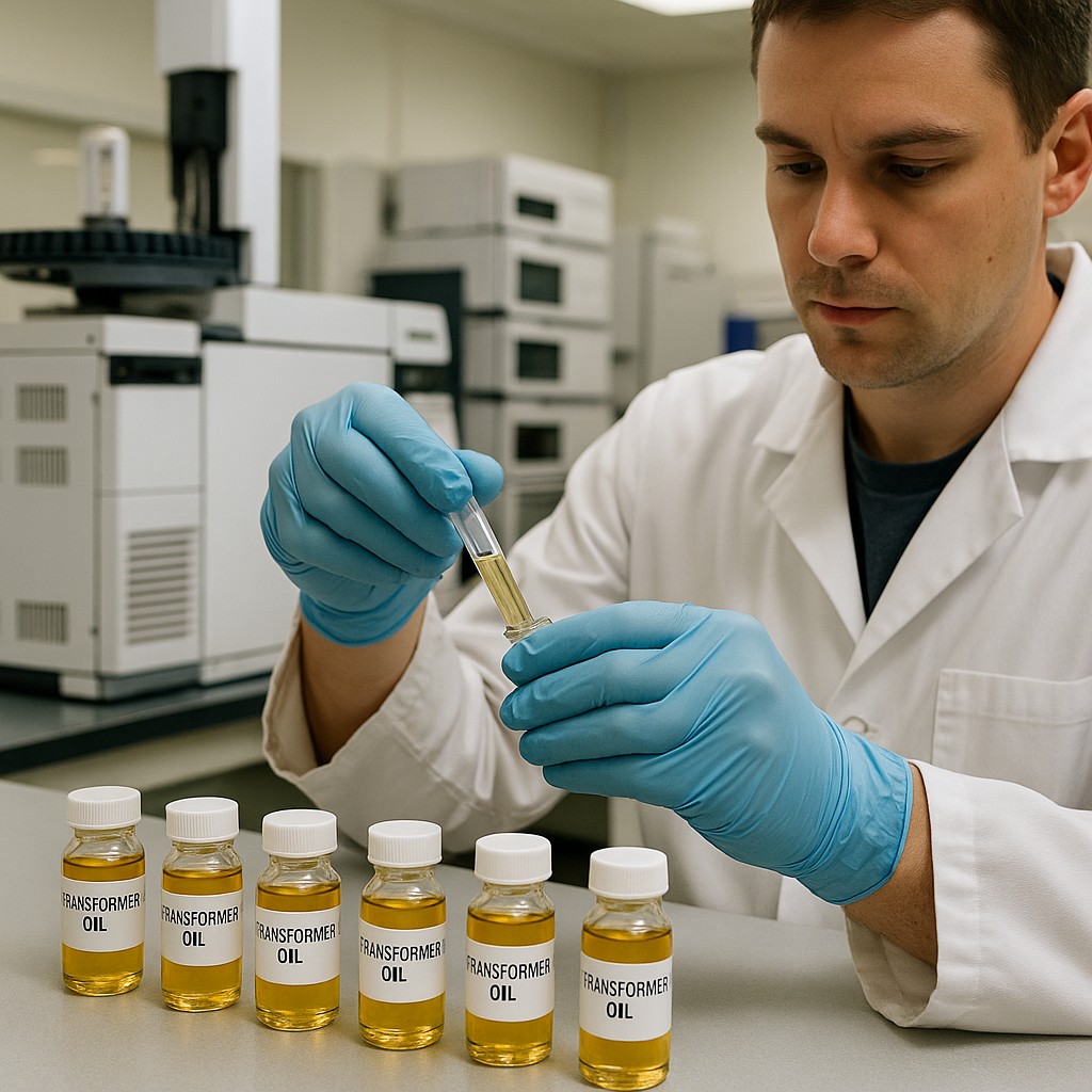 Analyzing Transformer Oil Samples Laboratory technician wearing gloves analyzing transformer oil samples with labeled vials and chromatography equipment in the background.