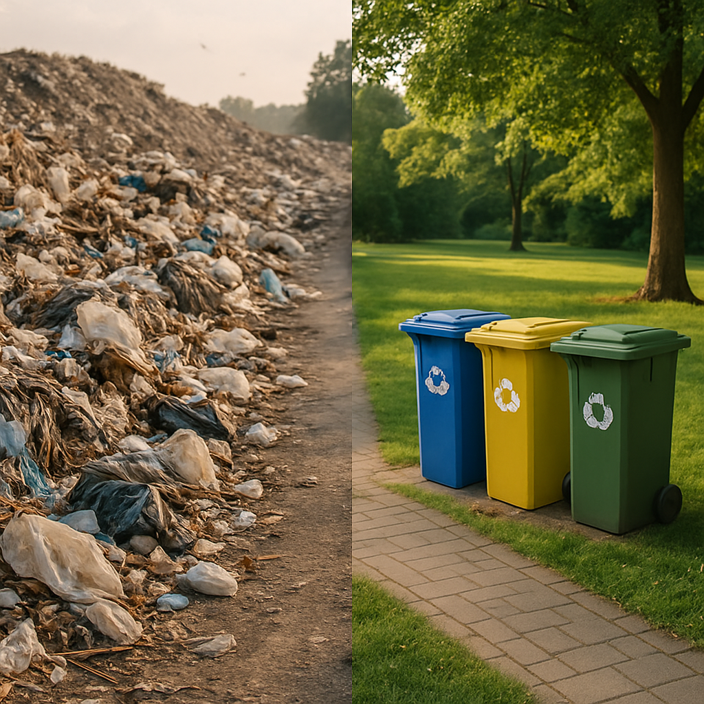Landfill versus Clean Park A visual comparison of a landfill filled with trash on one side and a clean park with recycling bins and greenery on the other, divided down the center.