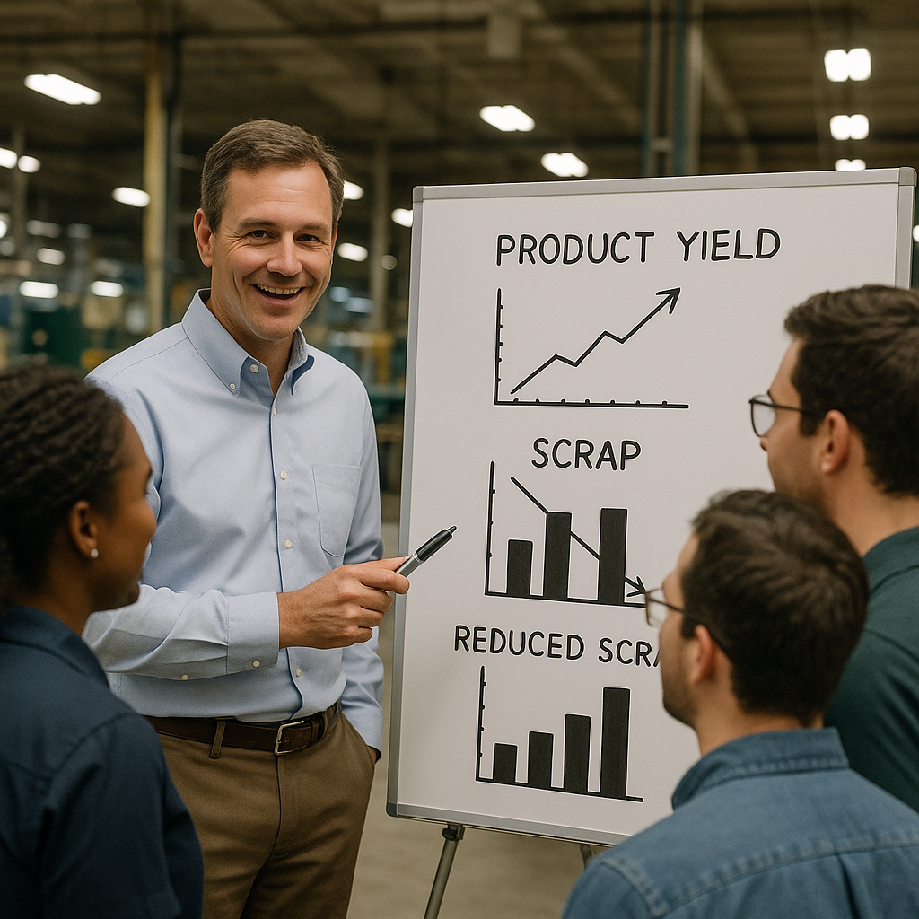 Team Meeting on Factory Floor Lead engineer meeting with team on factory floor, discussing improved product yield and reduced scrap bins