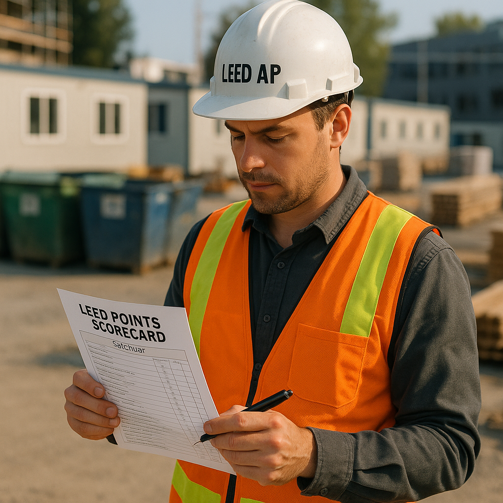 LEED project manager reviewing a checklist and LEED points scorecard at a construction site with sorting bins and building materials.