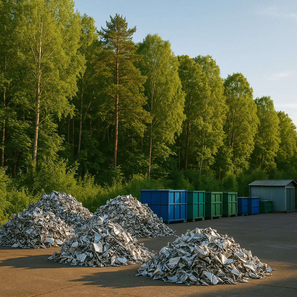 Green Forest and Recycling Facility Lush green forest surrounding a recycling facility with clean air and piles of recycled titanium reflecting sunlight.