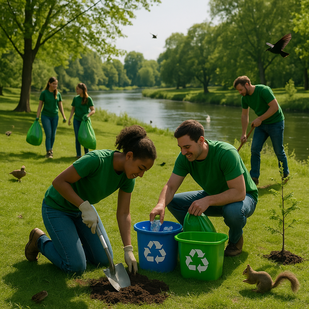 Vibrant Park Community Conservation Lush green park with a clean river, diverse wildlife, and people engaging in recycling and tree planting under clear skies.