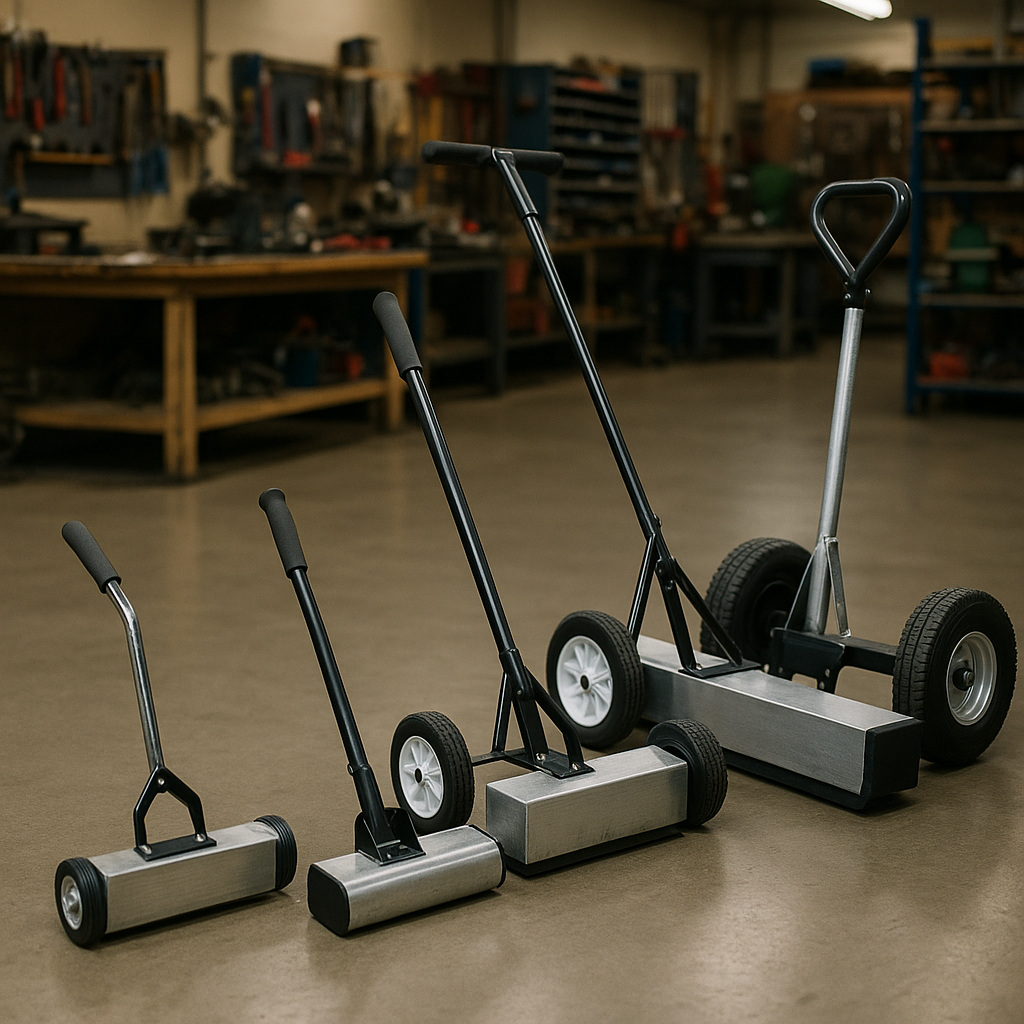 Magnetic Sweepers Display Various models of magnetic sweepers including handheld, push, and vehicle-mounted lined up on a workshop floor.