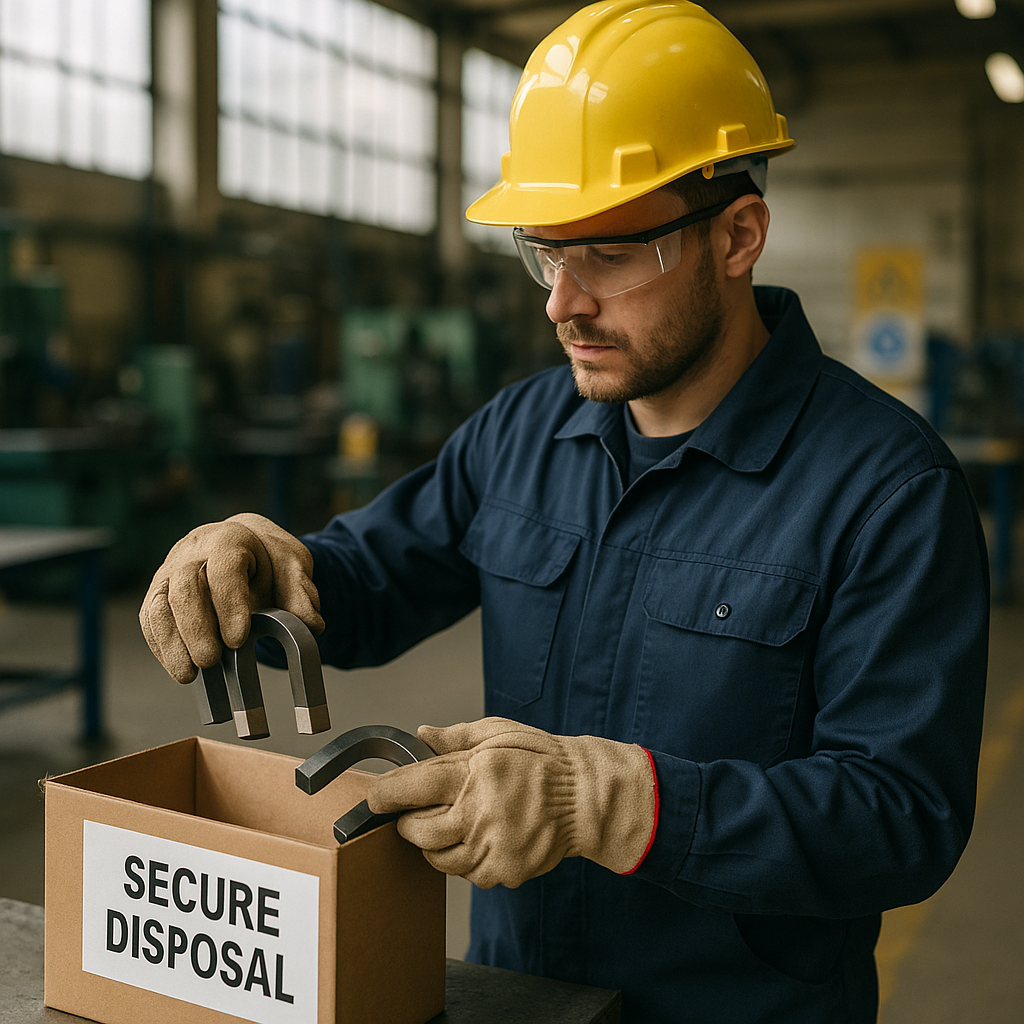 Worker Handling Magnetic Components for Disposal Worker in protective gloves and goggles placing magnetic components into a secure disposal box in an industrial setting.