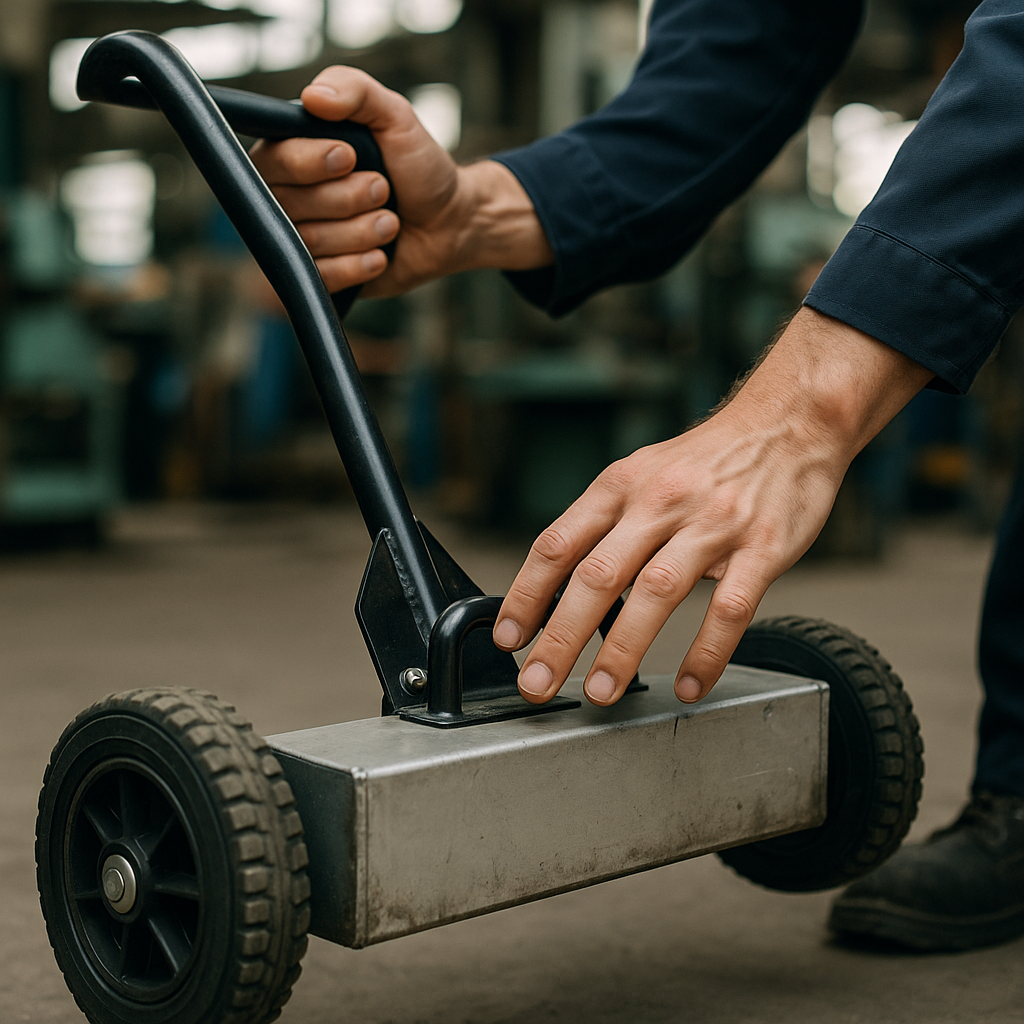 Hands Examining Magnetic Sweeper Close-up of hands examining a magnetic sweeper with a sturdy handle, large wheels, and a strong magnet bar in an industrial setting.