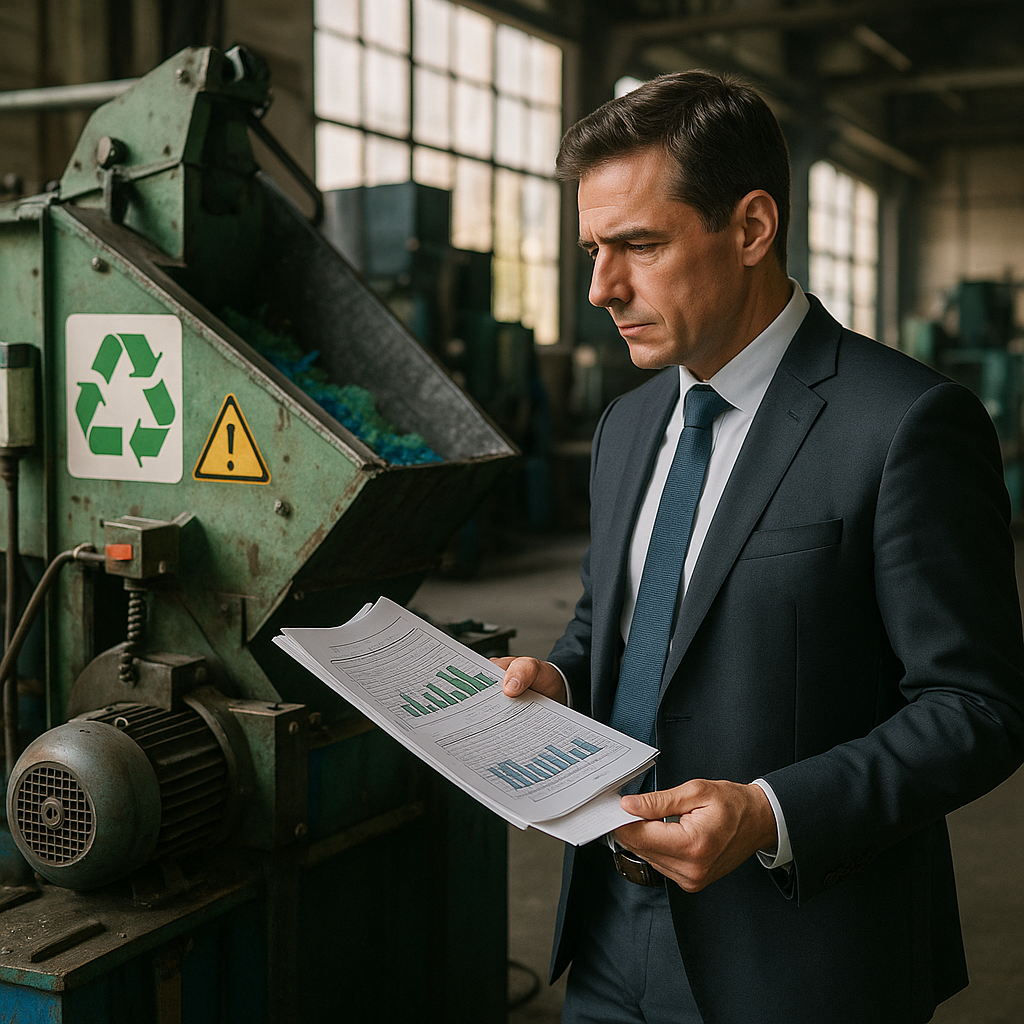 Manager Reviewing Recycling Equipment Manager examining recycling equipment in a factory, reviewing charts and maintenance logs.