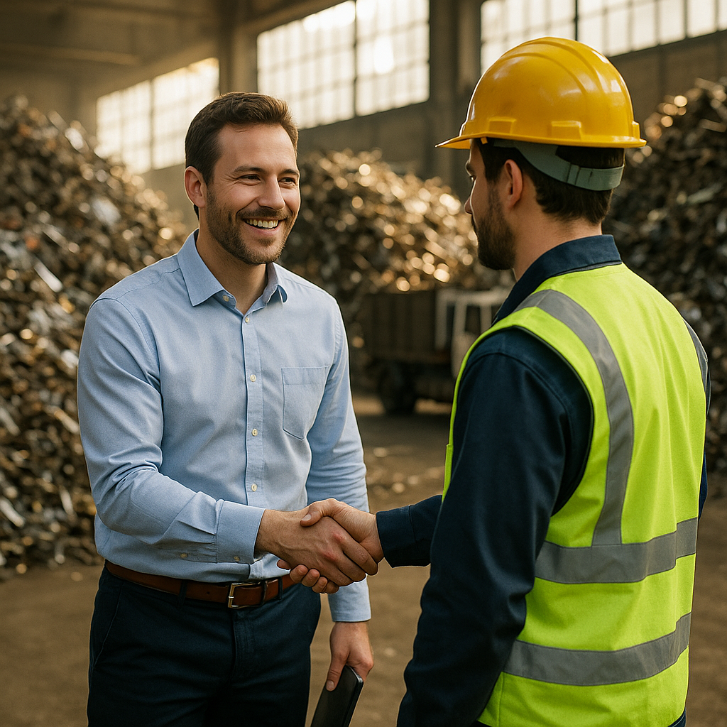 Happy manager shaking hands with employee in front of stacked, sorted scrap metal with trucks ready for transport and sunlight streaming through warehouse windows