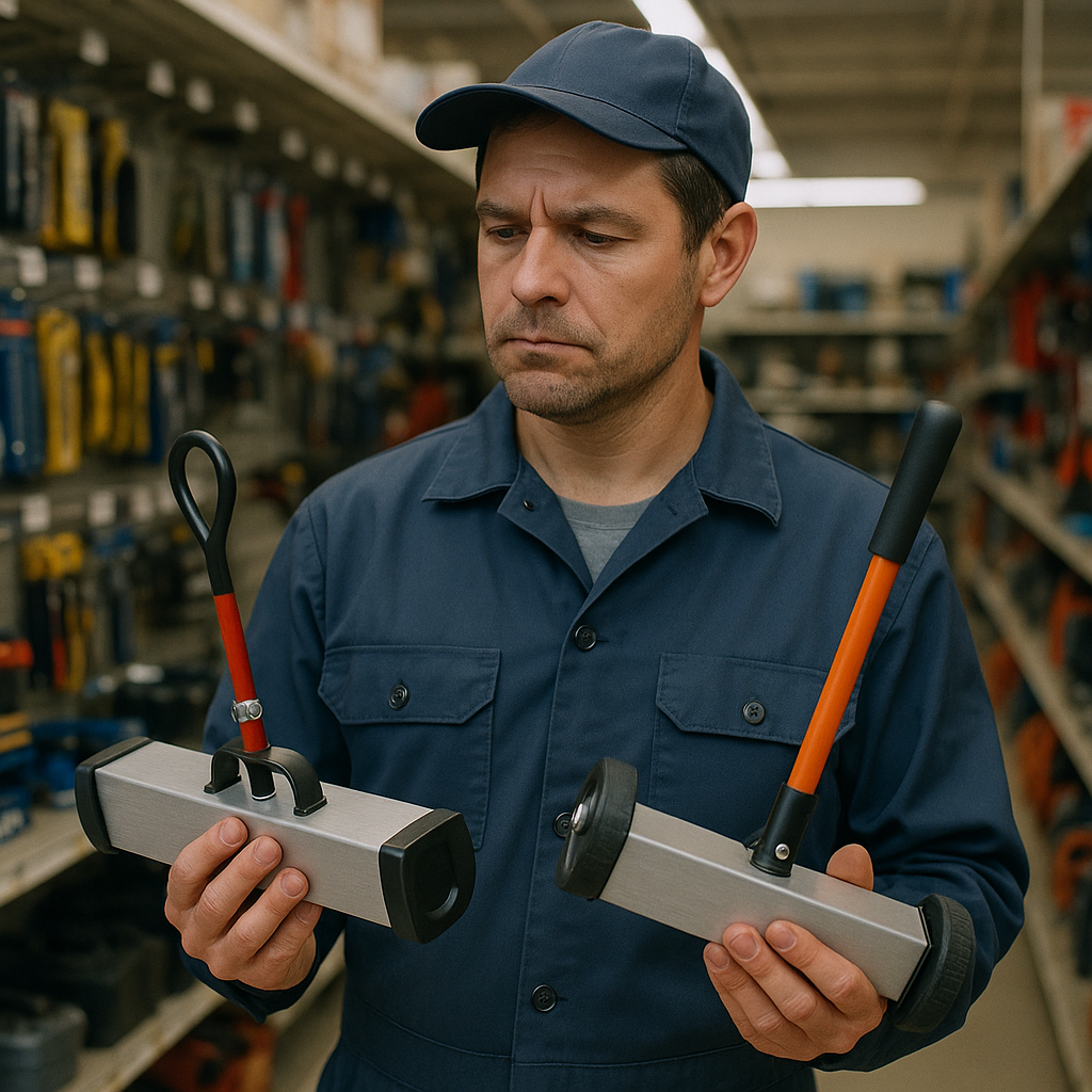 Mechanic Comparing Magnetic Sweepers Mechanic comparing two different magnetic sweepers in a hardware store aisle, with a thoughtful expression and equipment shelves in the background.