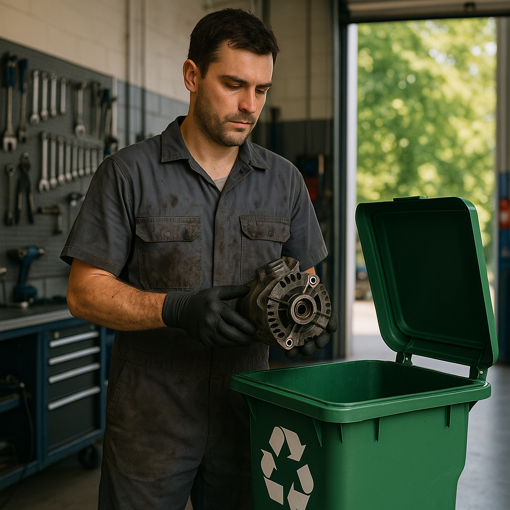 Mechanic Recycling Used Car Part Mechanic holding a used car part above a recycling bin with green trees in the background in a clean garage setting