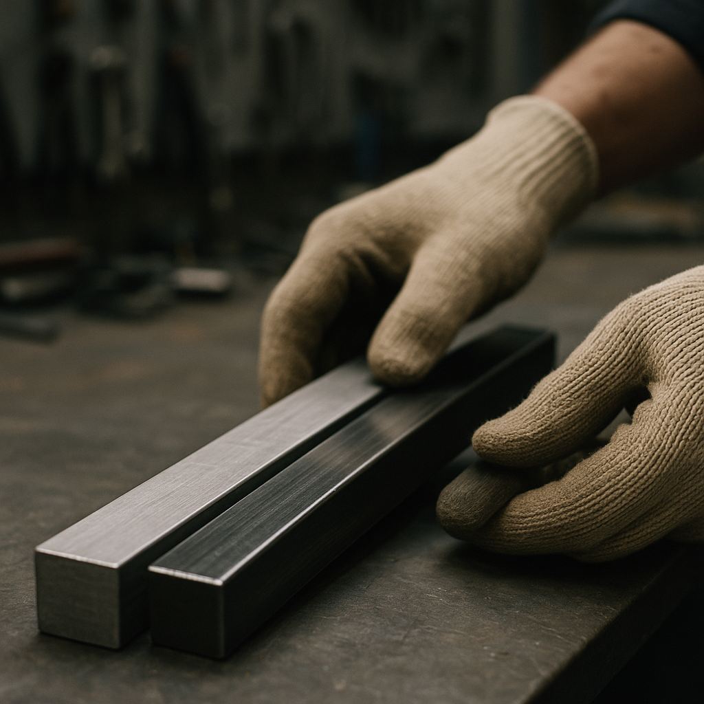 Close-up of gloved hands examining two metal bars, one with a silvery matte finish and the other darker and glossy under workshop lighting.