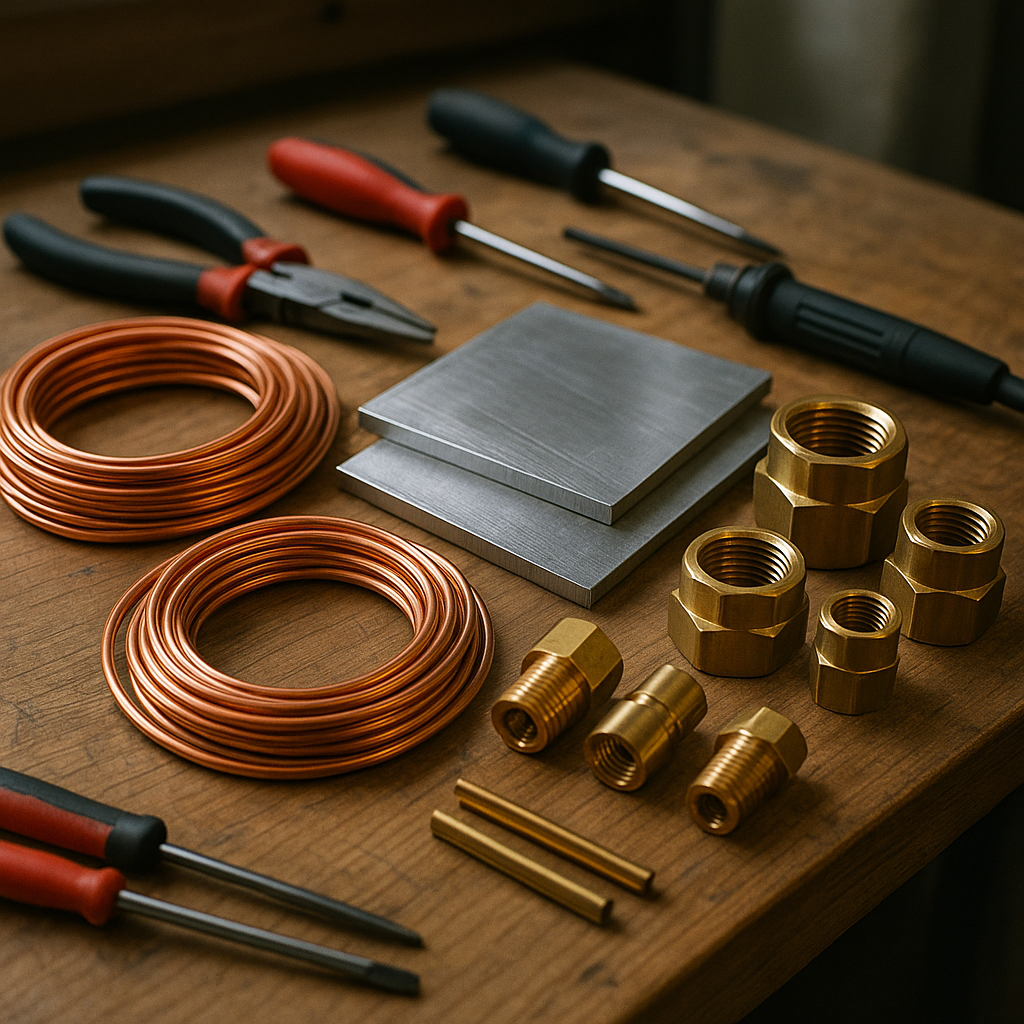 Various shiny, clean non-magnetic metal pieces including copper wires, aluminum sheets, and brass fittings arranged on a workbench with tools nearby.