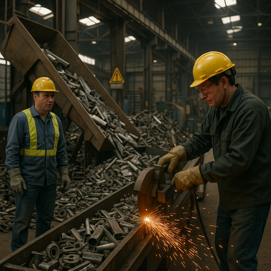 Metal Scrap Recycling Facility Workers loading metal scrap into a recycling facility with machinery and conveyor belts, sparks flying in an industrial setting.